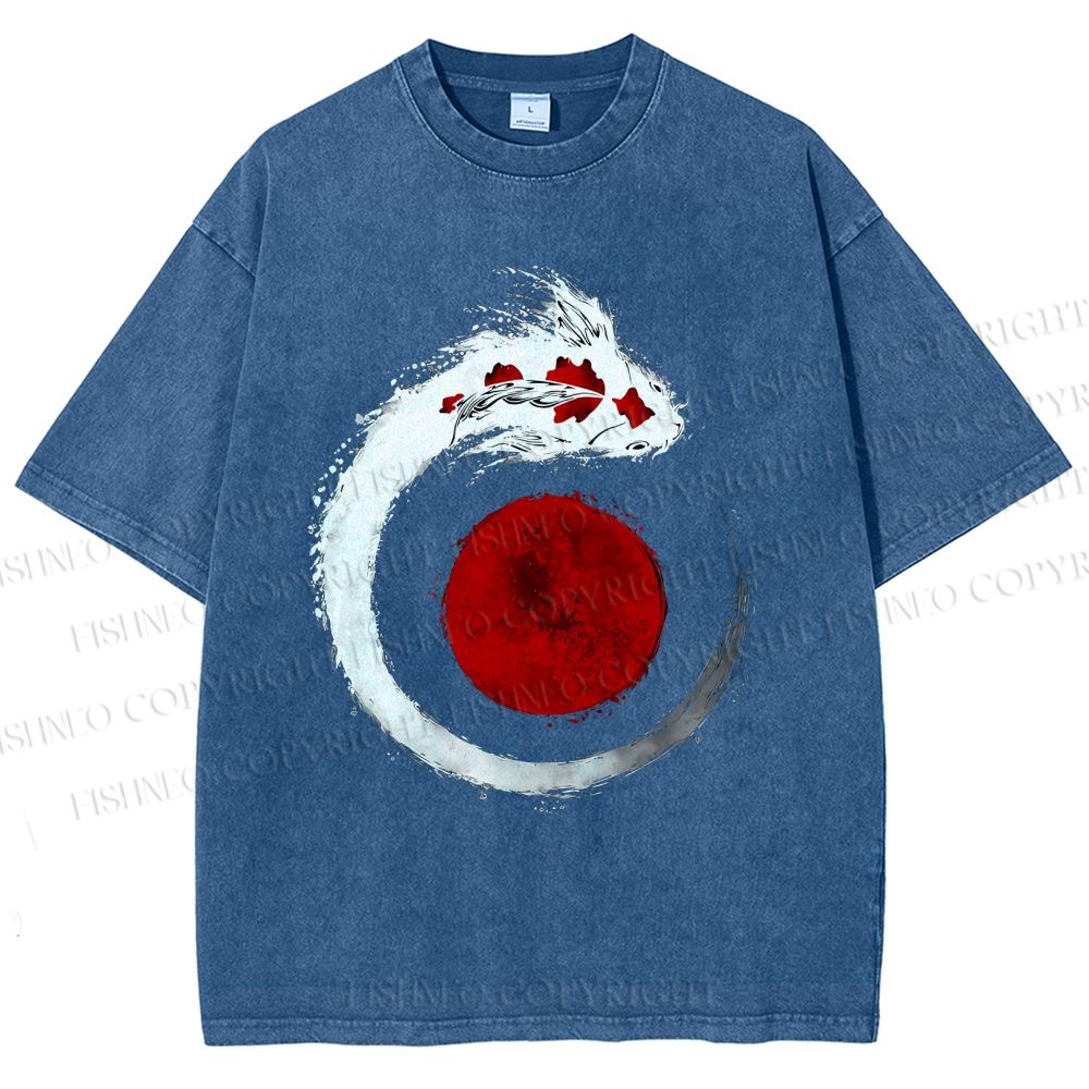Unisex Japanese Vintage Koi Printed Washed Tee