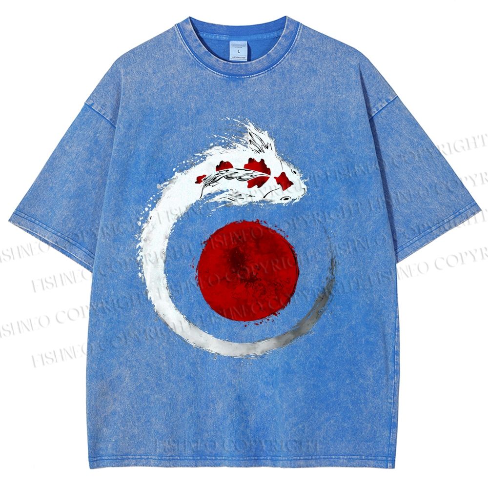 Unisex Japanese Vintage Koi Printed Washed Tee