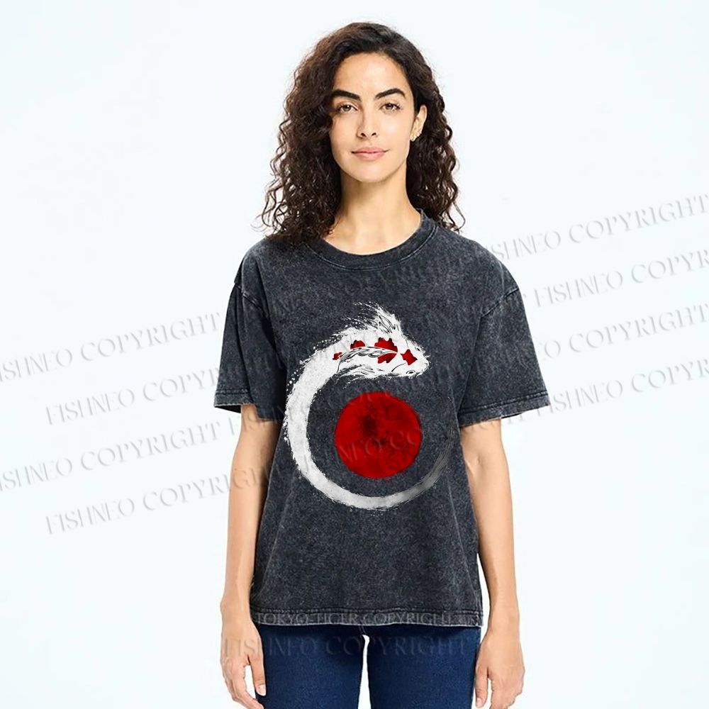 Unisex Japanese Vintage Koi Printed Washed Tee