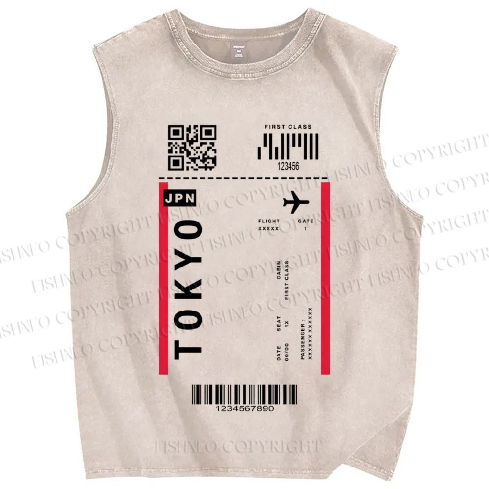 Unisex Tokyo Air Tickets Printed Washed Tank Top