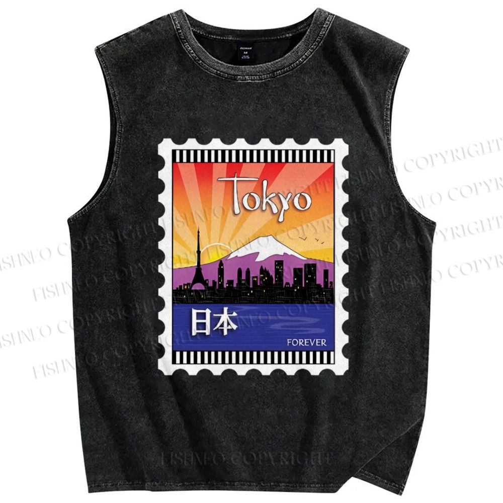Unisex Tokyo Stamps Printed Washed Tank Top