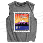 Unisex Tokyo Stamps Printed Washed Tank Top