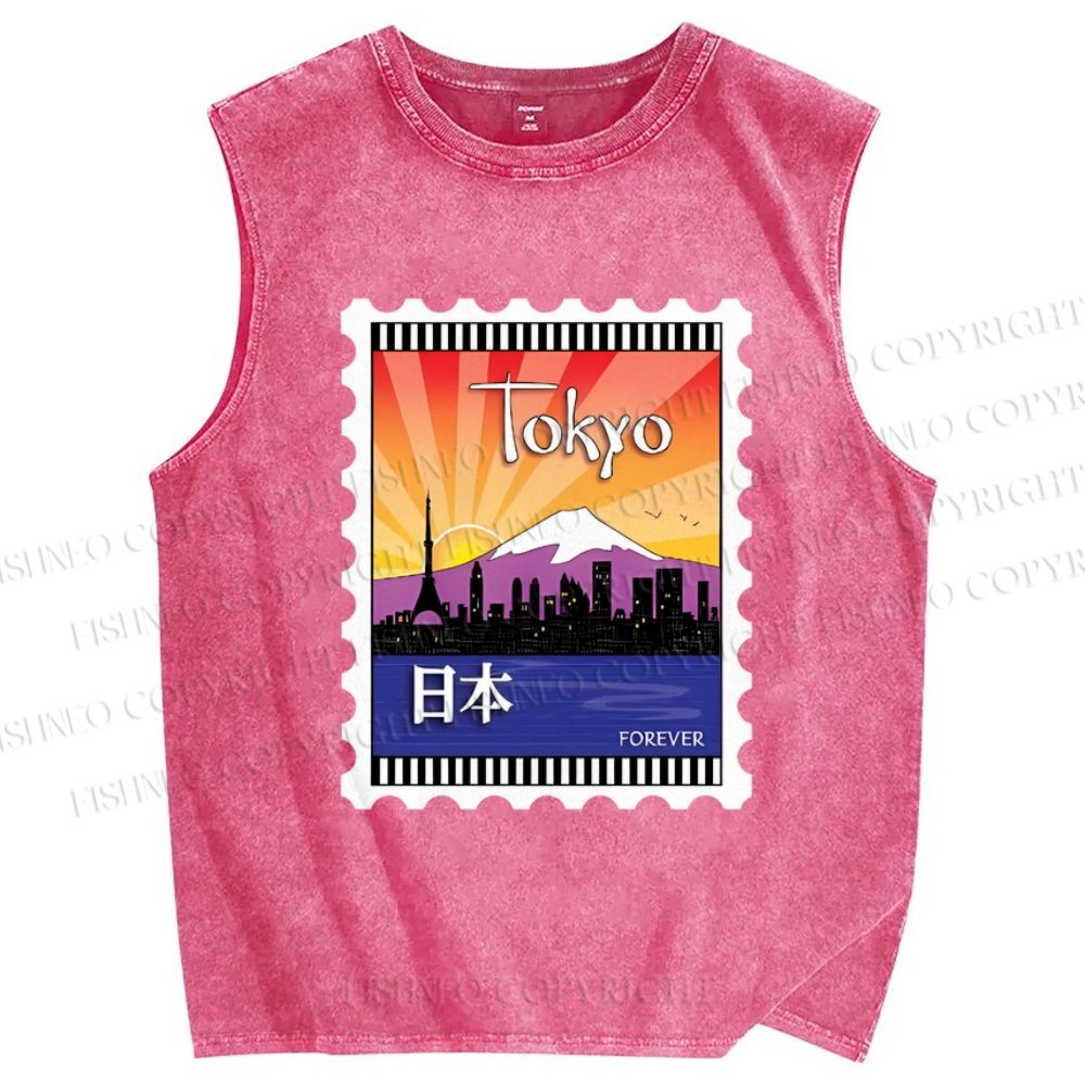 Unisex Tokyo Stamps Printed Washed Tank Top