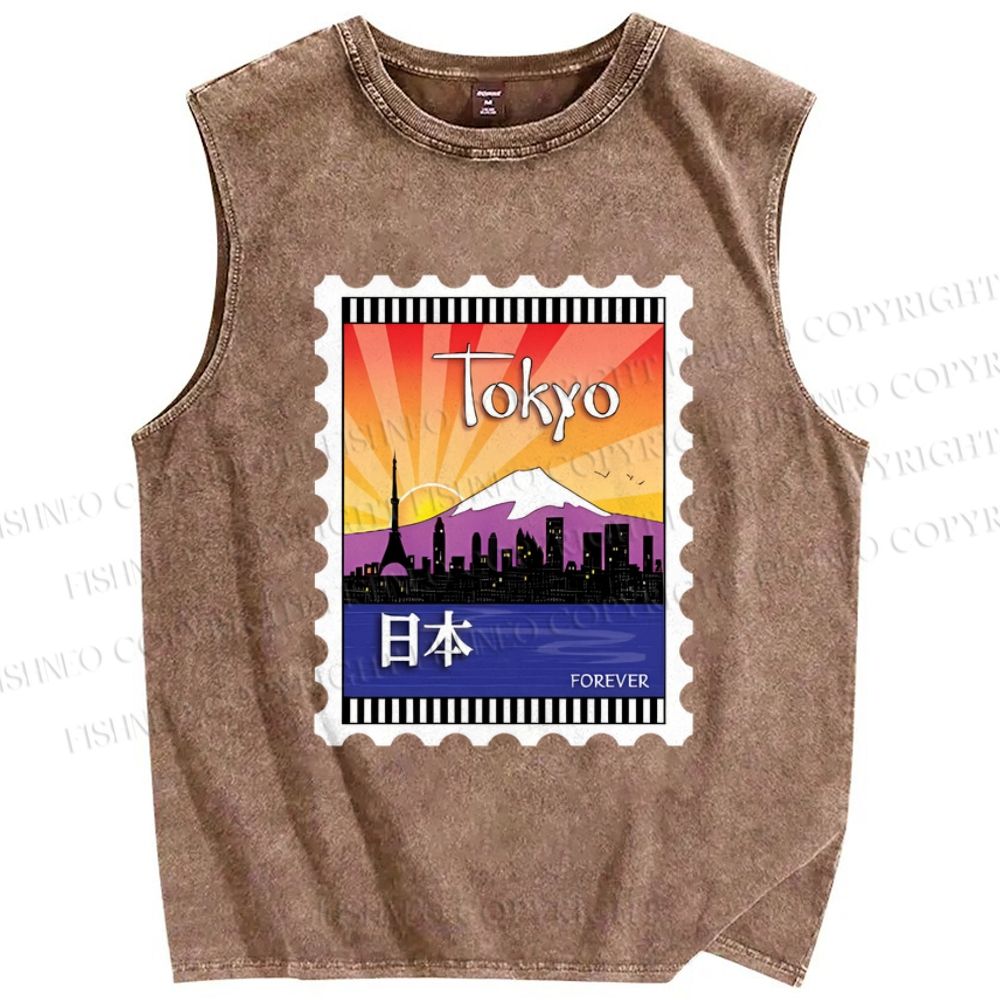 Unisex Tokyo Stamps Printed Washed Tank Top