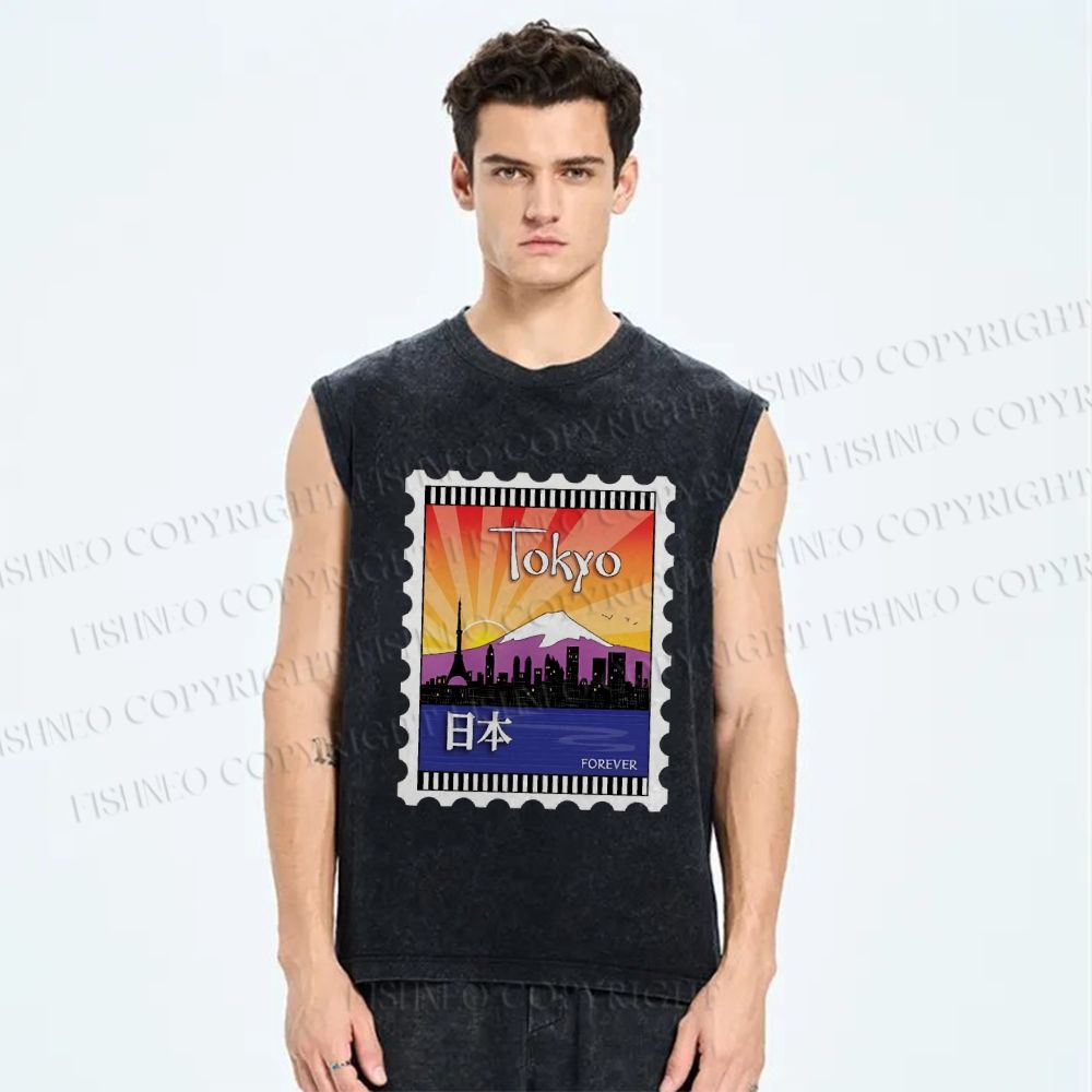 Unisex Tokyo Stamps Printed Washed Tank Top