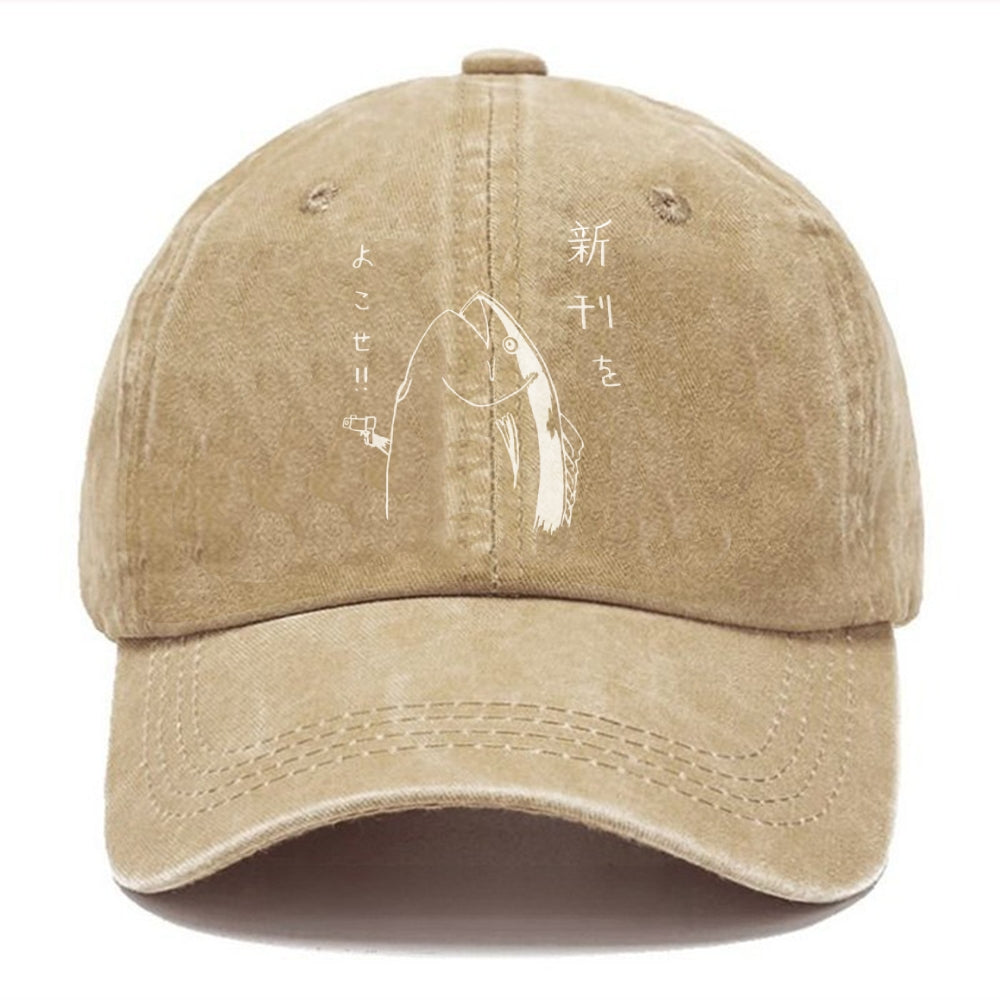 Japanese Fish Hold Up White Washed Cap