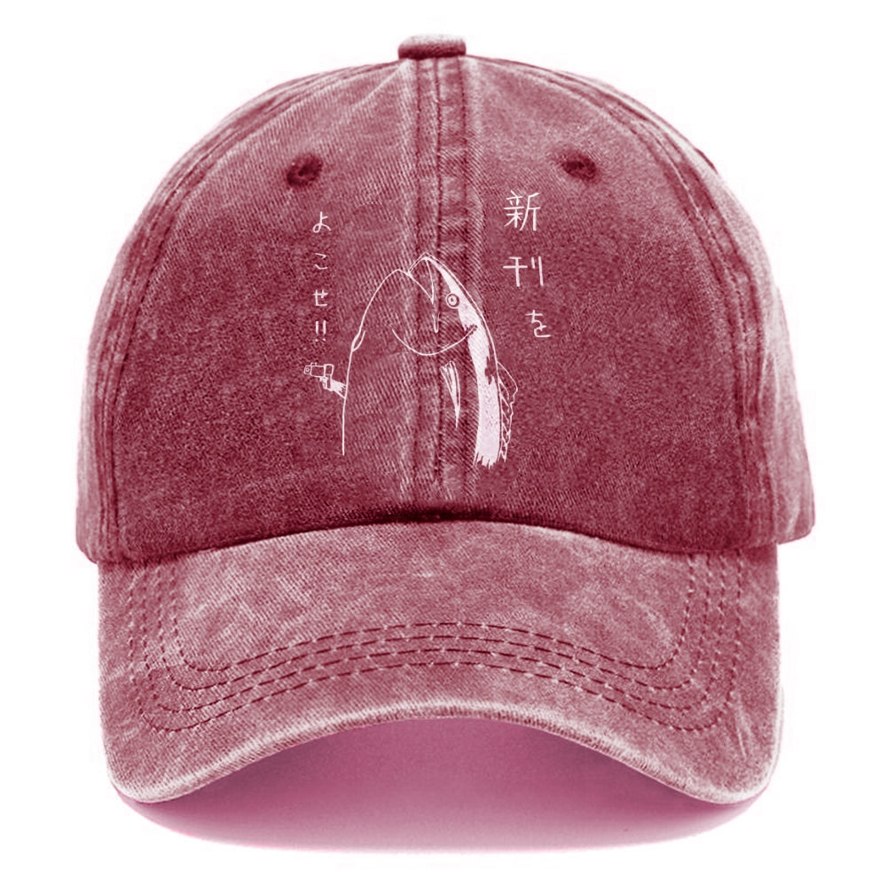 Japanese Fish Hold Up White Washed Cap