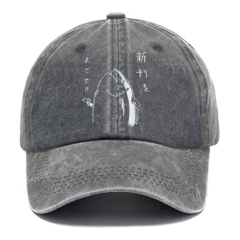 Japanese Fish Hold Up White Washed Cap