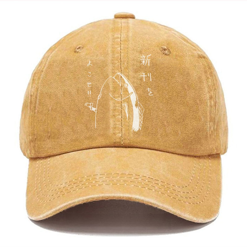 Japanese Fish Hold Up White Washed Cap