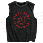 Unisex Tiger Surf Printed Washed Tank Top