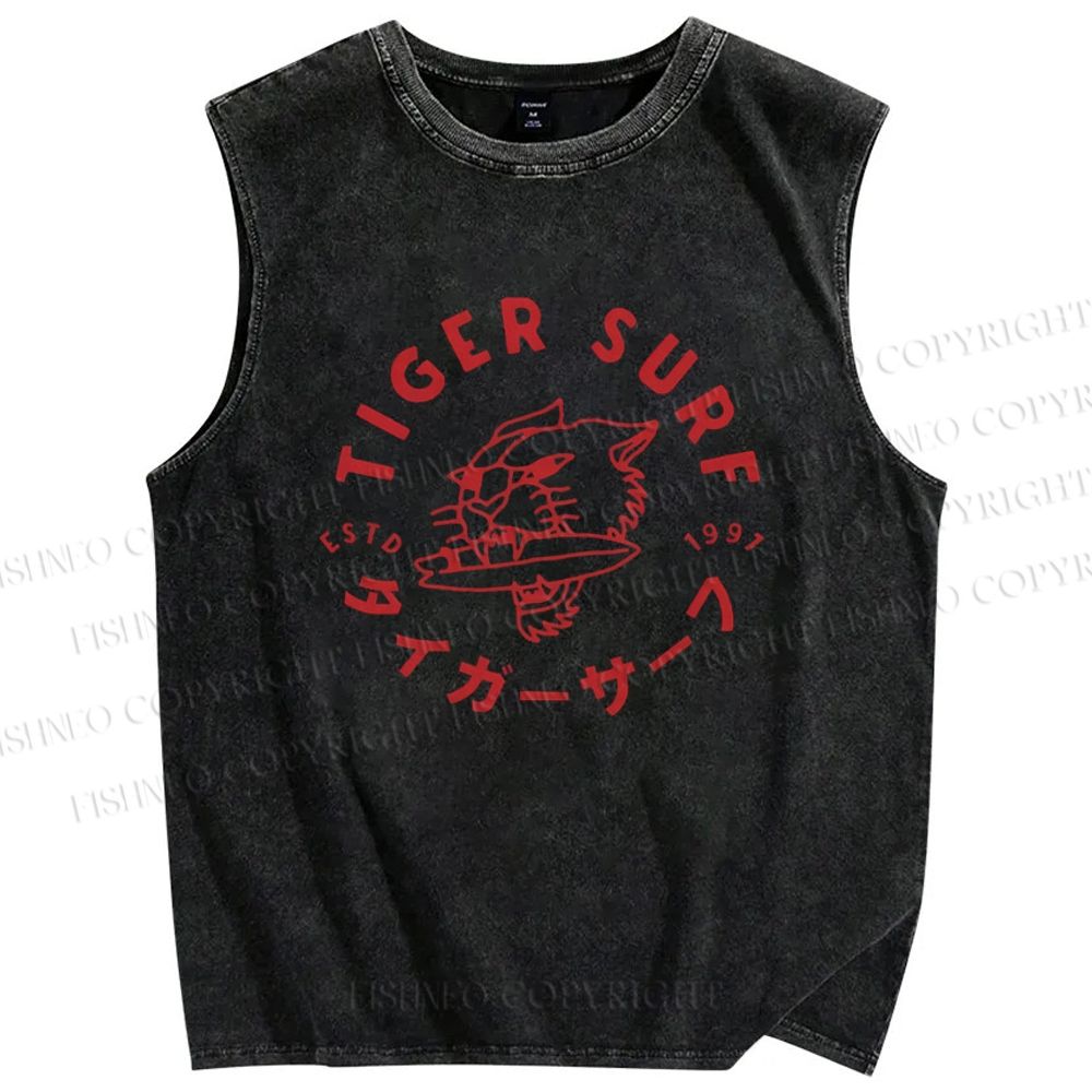 Unisex Tiger Surf Printed Washed Tank Top
