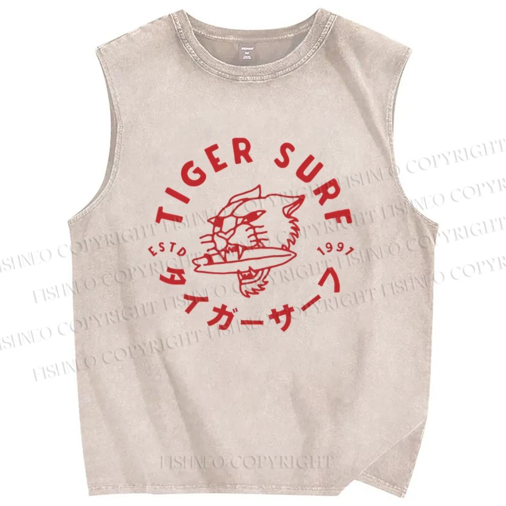 Unisex Tiger Surf Printed Washed Tank Top