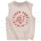 Unisex Tiger Surf Printed Washed Tank Top