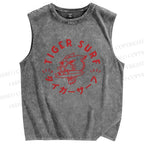 Unisex Tiger Surf Printed Washed Tank Top