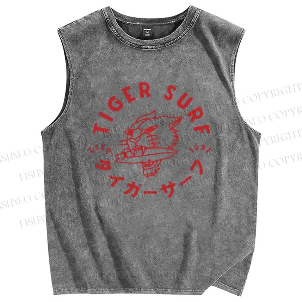 Unisex Tiger Surf Printed Washed Tank Top