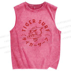 Unisex Tiger Surf Printed Washed Tank Top