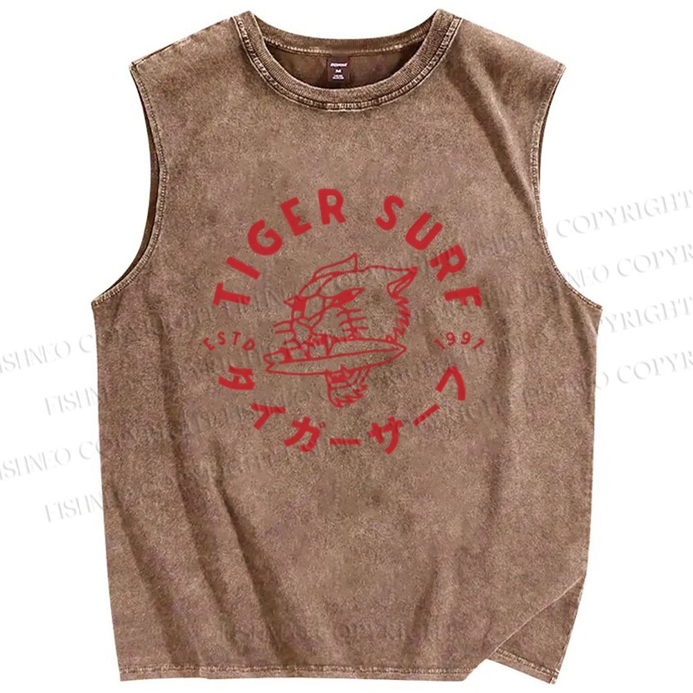 Unisex Tiger Surf Printed Washed Tank Top