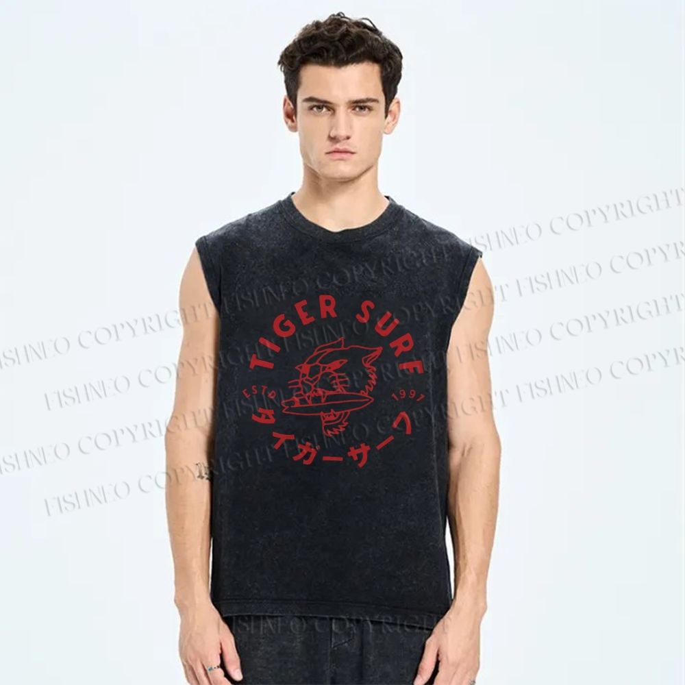 Unisex Tiger Surf Printed Washed Tank Top