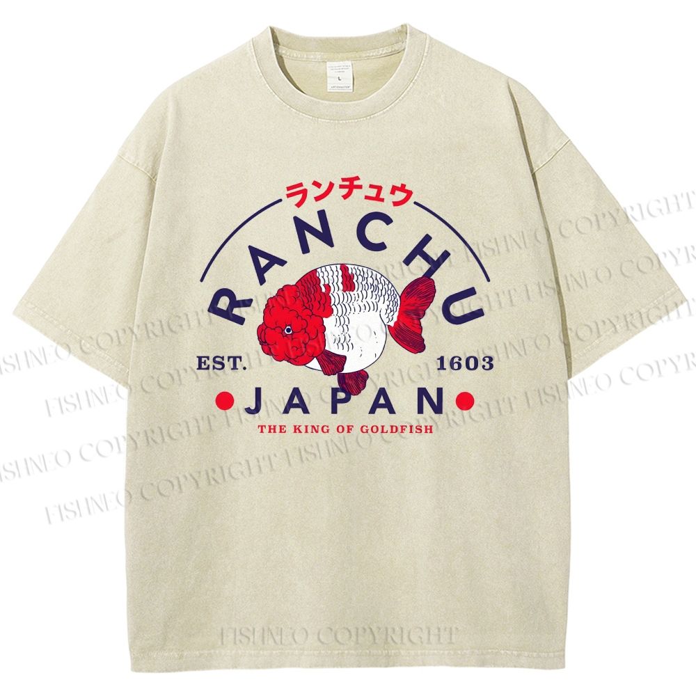 Unisex Japanese Vintage Goldfish Printed Washed Tee