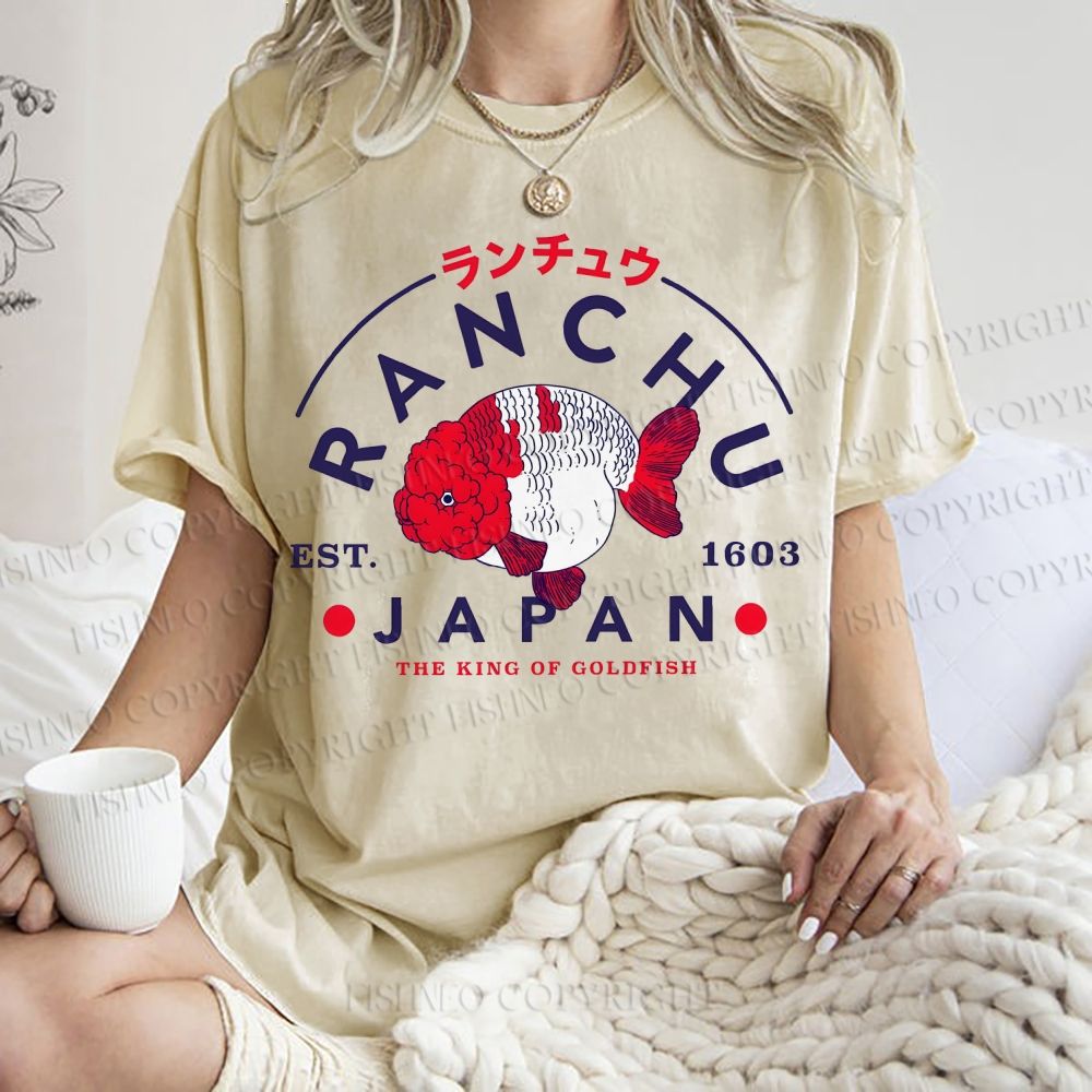 Unisex Japanese Vintage Goldfish Printed Washed Tee