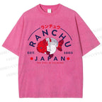 Unisex Japanese Vintage Goldfish Printed Washed Tee