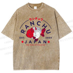 Unisex Japanese Vintage Goldfish Printed Washed Tee