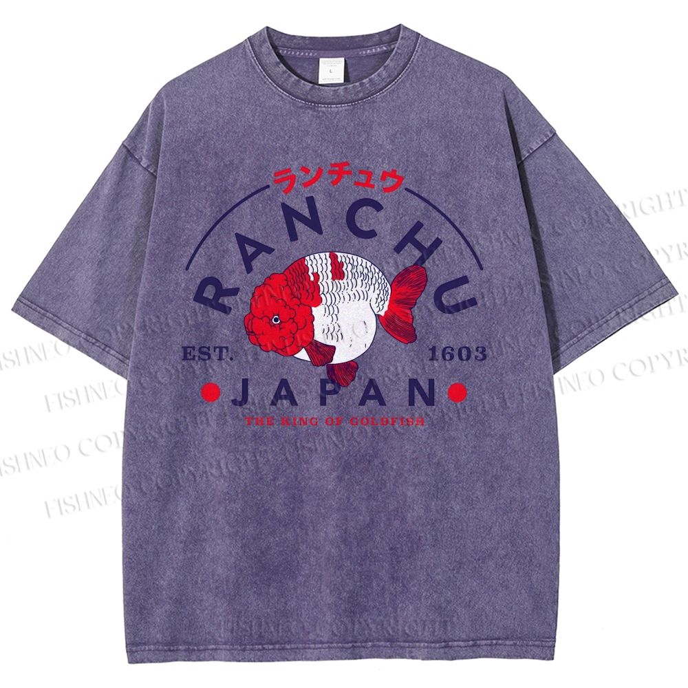 Unisex Japanese Vintage Goldfish Printed Washed Tee