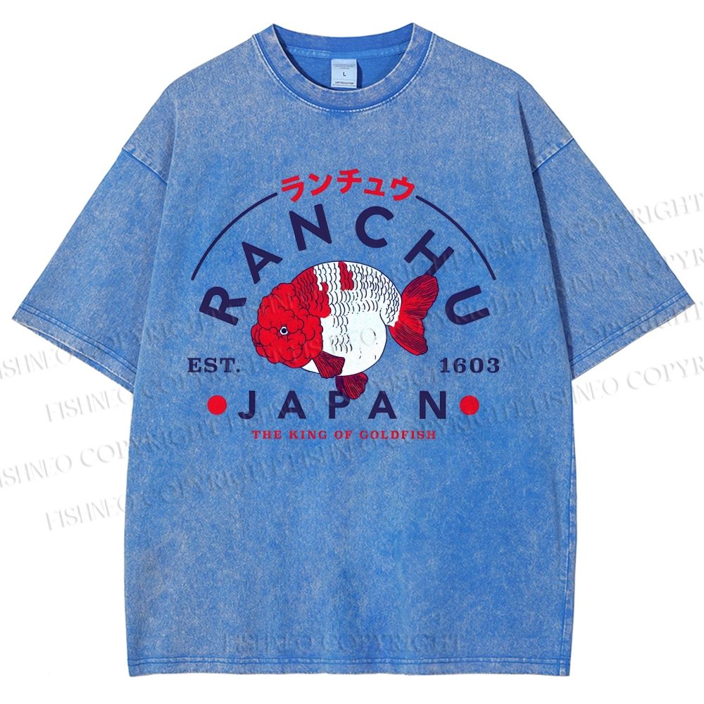 Unisex Japanese Vintage Goldfish Printed Washed Tee