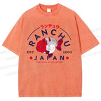Unisex Japanese Vintage Goldfish Printed Washed Tee