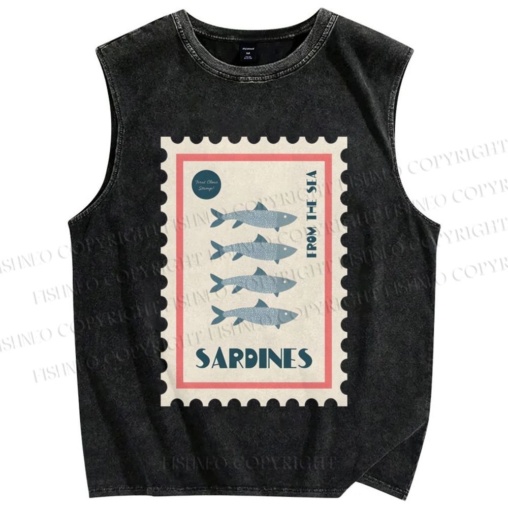 Unisex Sardines Stamps Printed Washed Tank Top