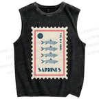 Unisex Sardines Stamps Printed Washed Tank Top