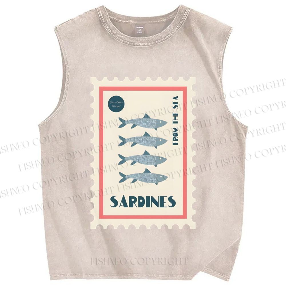 Unisex Sardines Stamps Printed Washed Tank Top