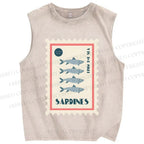 Unisex Sardines Stamps Printed Washed Tank Top