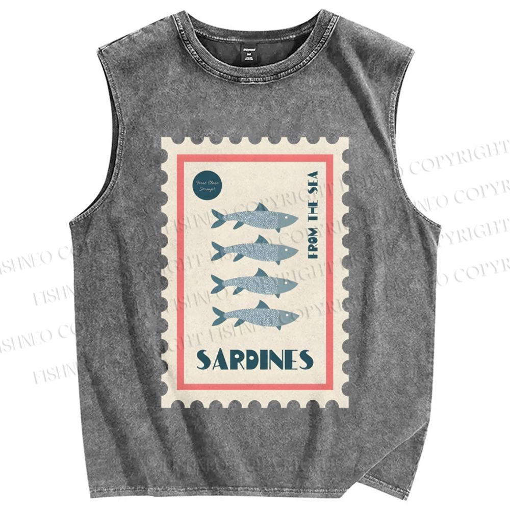 Unisex Sardines Stamps Printed Washed Tank Top