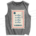 Unisex Sardines Stamps Printed Washed Tank Top