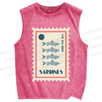 Unisex Sardines Stamps Printed Washed Tank Top