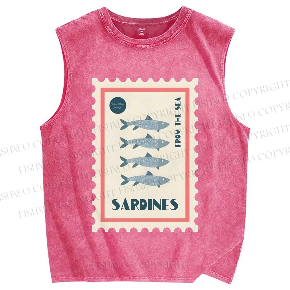 Unisex Sardines Stamps Printed Washed Tank Top