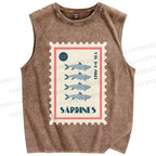 Unisex Sardines Stamps Printed Washed Tank Top