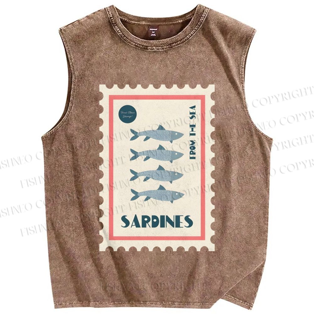 Unisex Sardines Stamps Printed Washed Tank Top