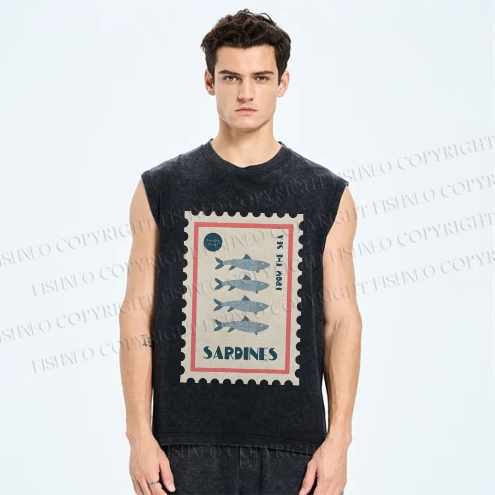 Unisex Sardines Stamps Printed Washed Tank Top