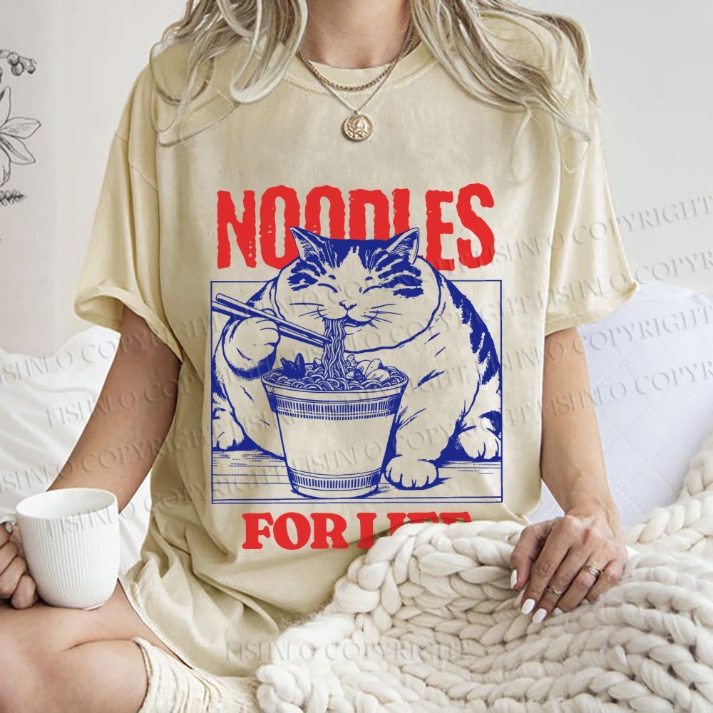 Unisex Cat Noodle For Life Printed Washed Tee