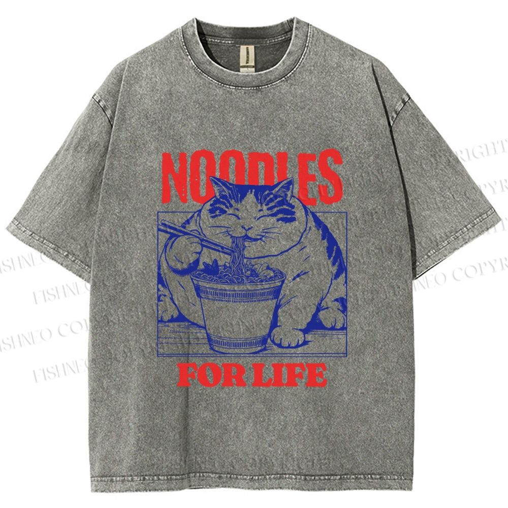 Unisex Cat Noodle For Life Printed Washed Tee