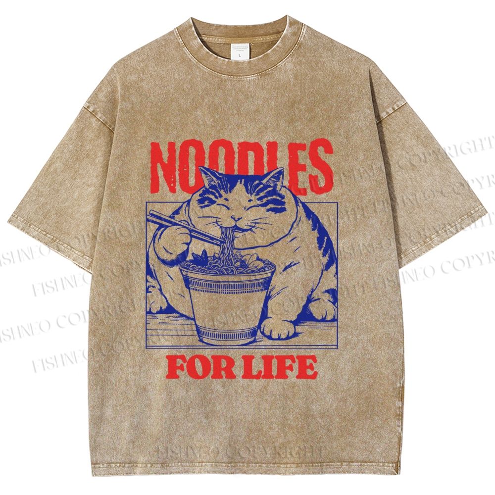 Unisex Cat Noodle For Life Printed Washed Tee