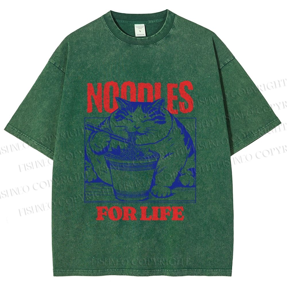 Unisex Cat Noodle For Life Printed Washed Tee