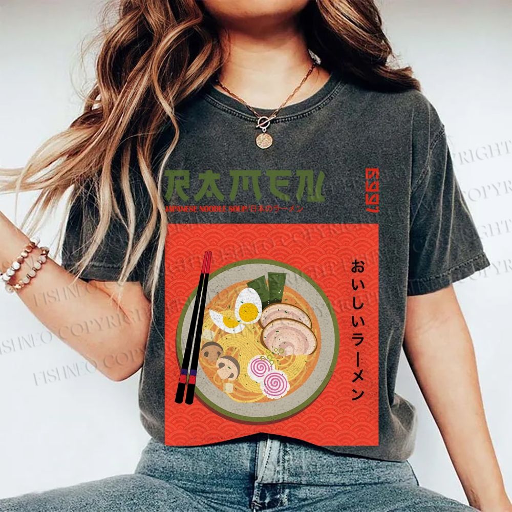 Unisex Japanese Ramen Printed Washed Tee