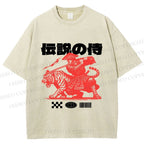 Unisex Vintage Japanese Tiger Samurai Printed Washed Tee