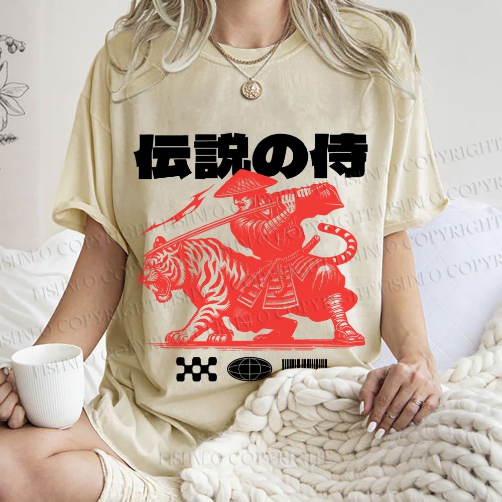 Unisex Vintage Japanese Tiger Samurai Printed Washed Tee