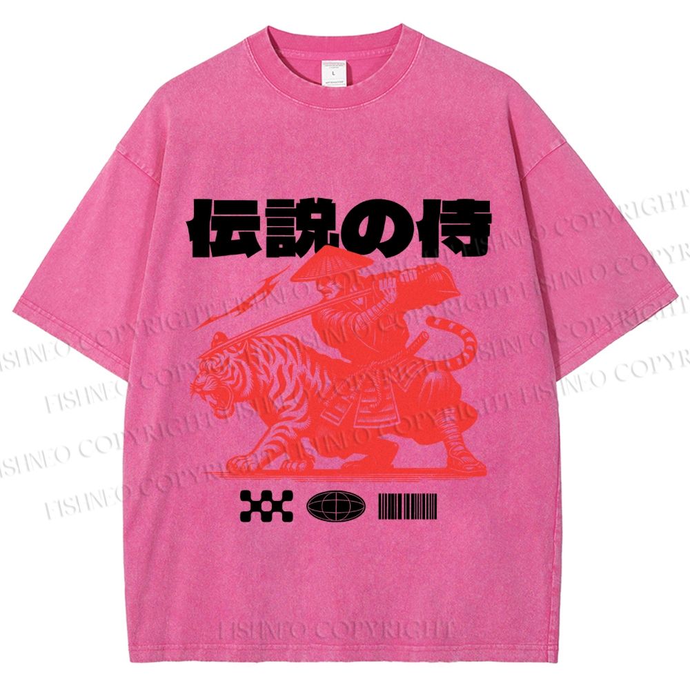 Unisex Vintage Japanese Tiger Samurai Printed Washed Tee