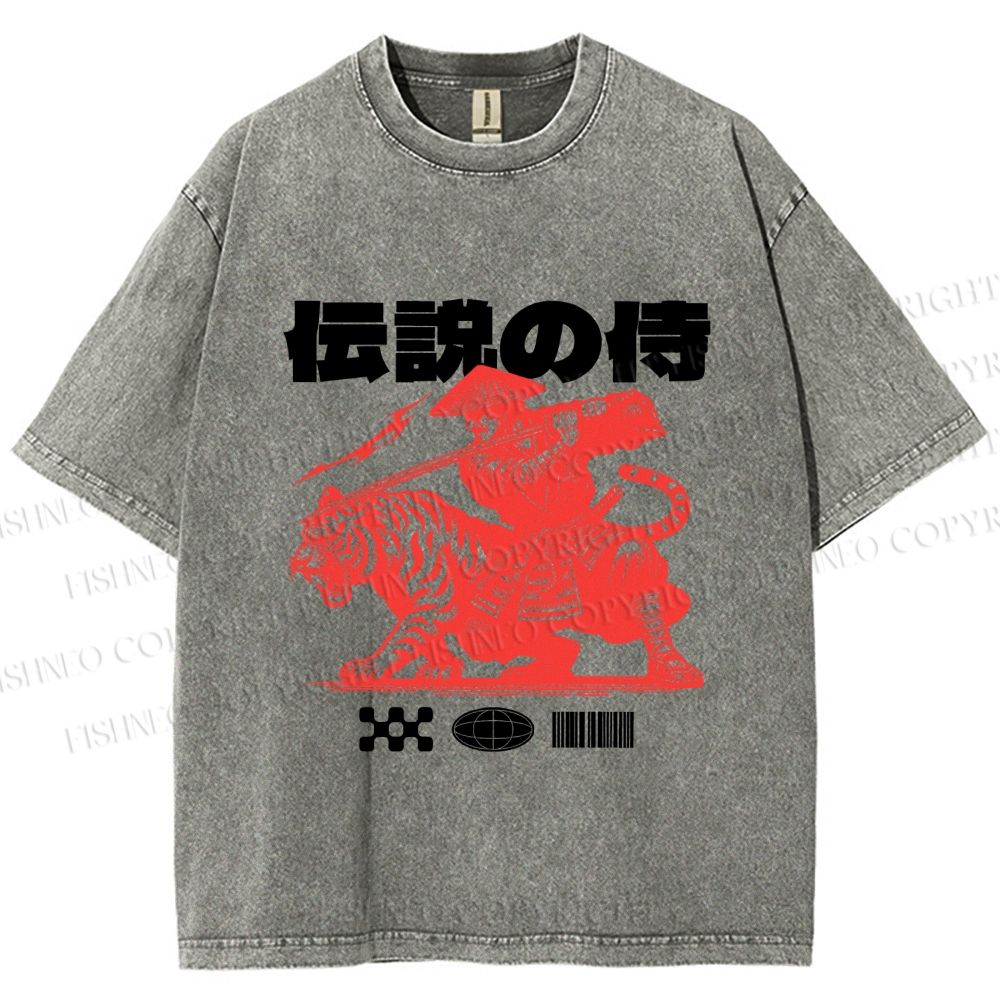 Unisex Vintage Japanese Tiger Samurai Printed Washed Tee