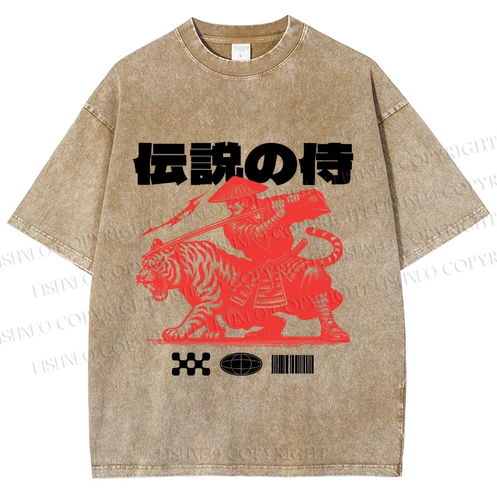 Unisex Vintage Japanese Tiger Samurai Printed Washed Tee